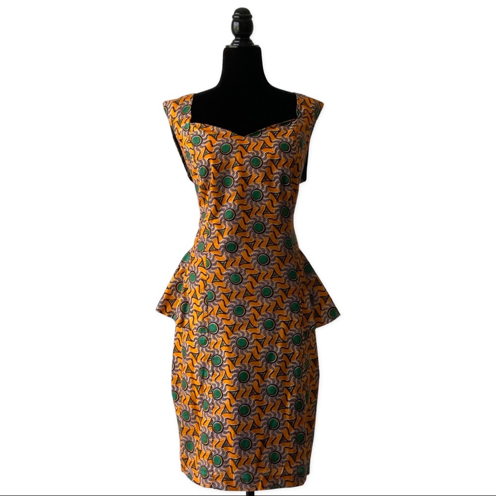 Orange and green African print peplum dress XL